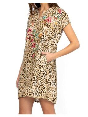 Johnny Was Womens Sz M Leopard Print Floral embroidery Maisie Tunic Dress